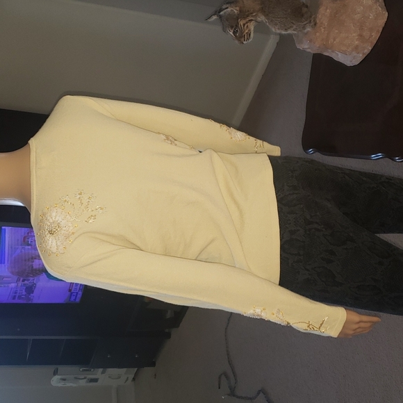 Talbots m beaded pastel yellow cardigan floral print bursts - Picture 3 of 11